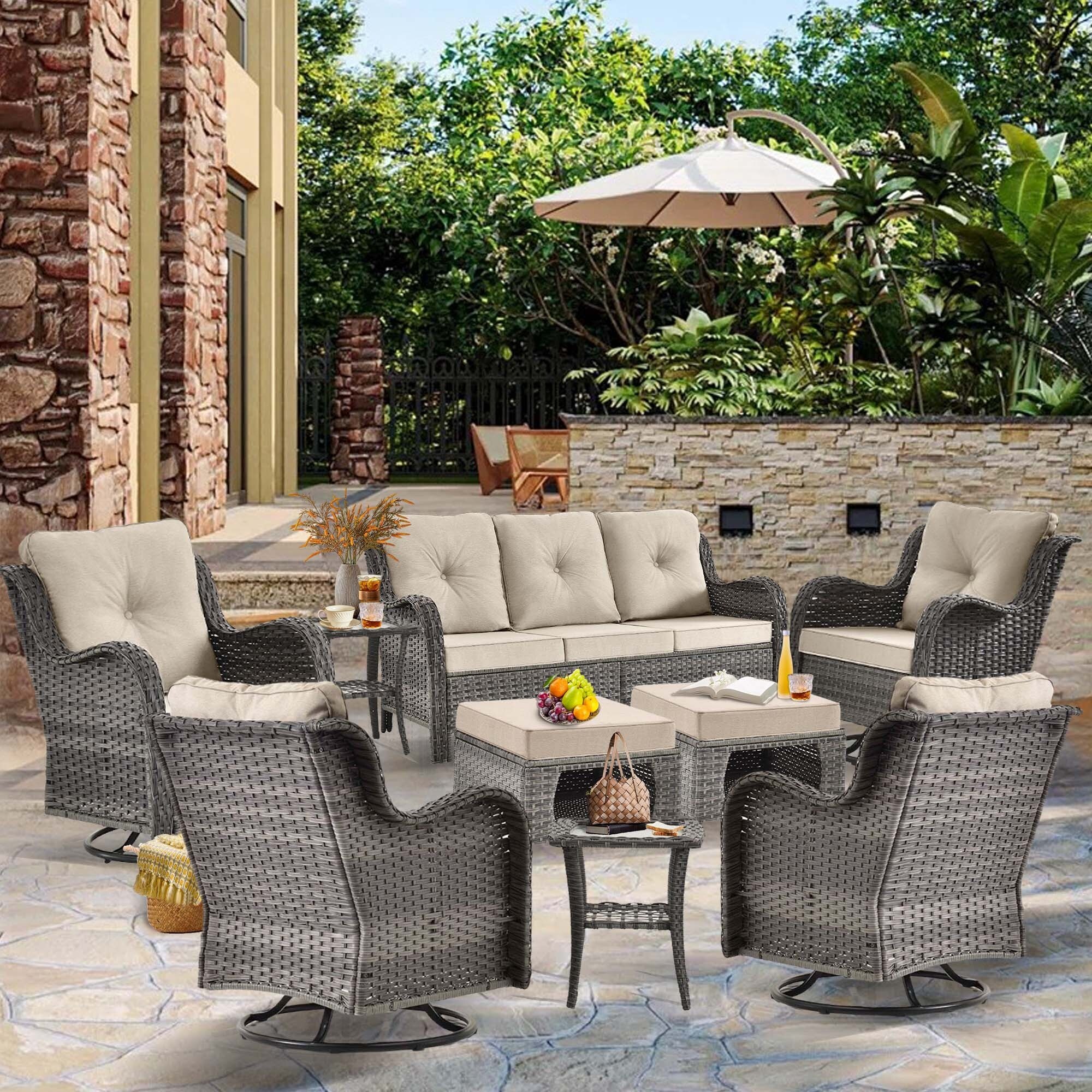 Upgraded Rattan Patio Furniture Conversation Seating 360 High Back Swivel Chairs Storage Ottomans Cushions Included Bed Bath Beyond 41242544